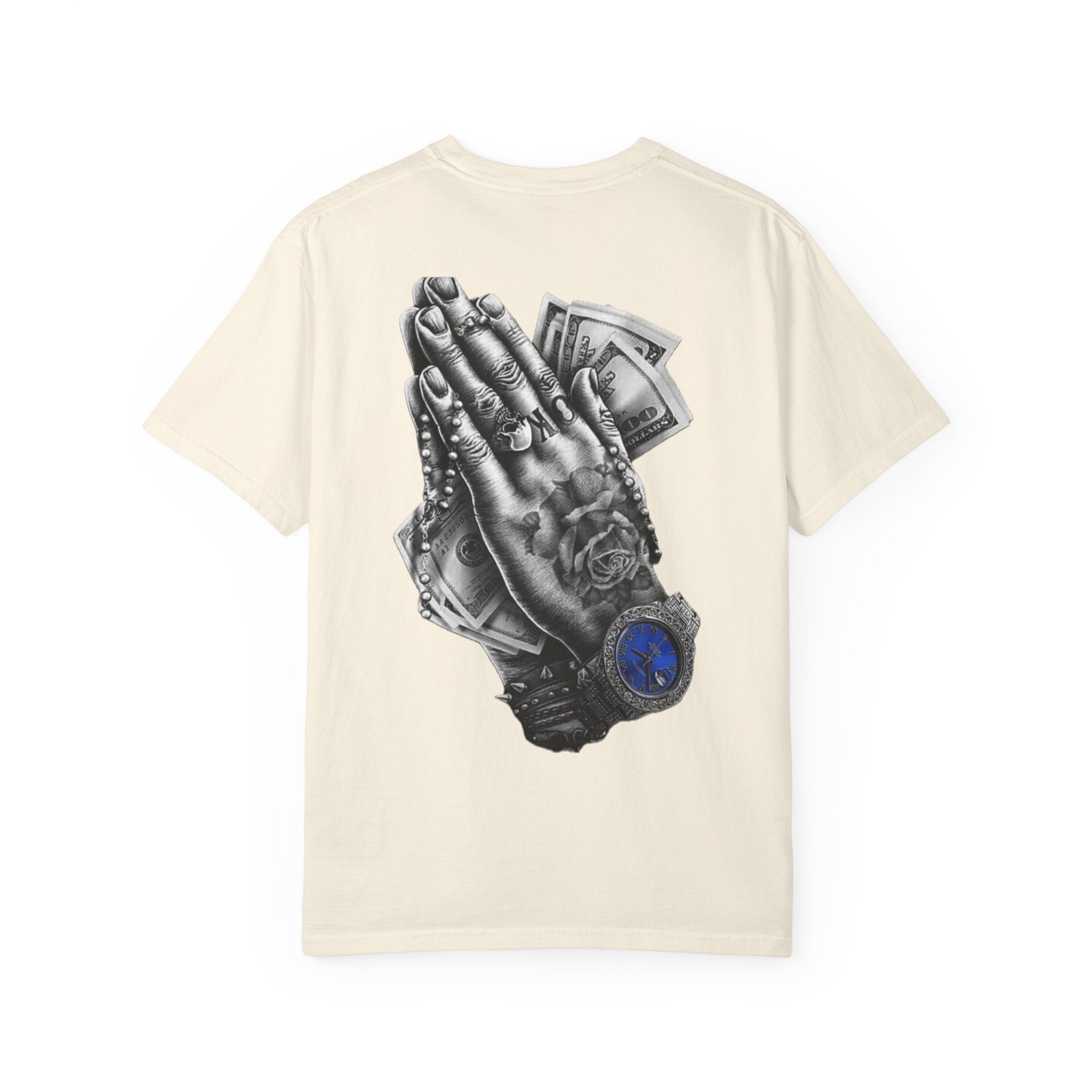 Praying Hands with Cash Graphic T‑Shirt — Streetwear Prayer Rosary Design