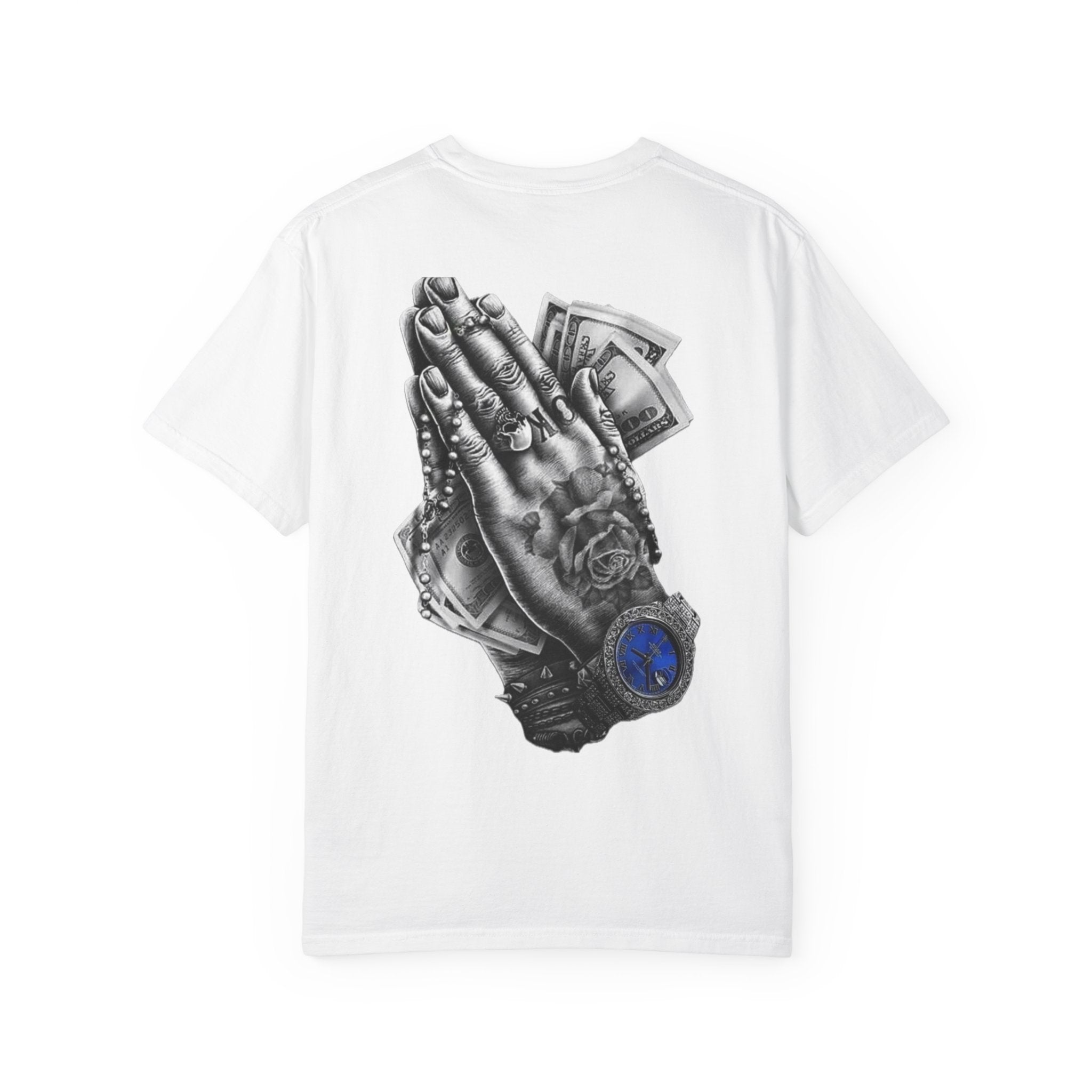 Praying Hands with Cash Graphic T‑Shirt — Streetwear Prayer Rosary Design